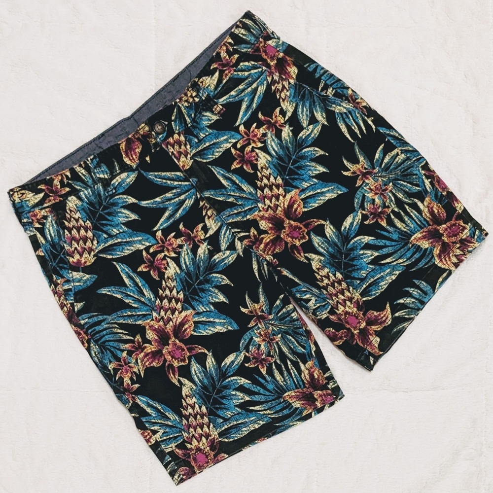 George Hawaiian Shorts Tropical  Floral Print 98% Cotton Men's sz 34 Inseam 8"